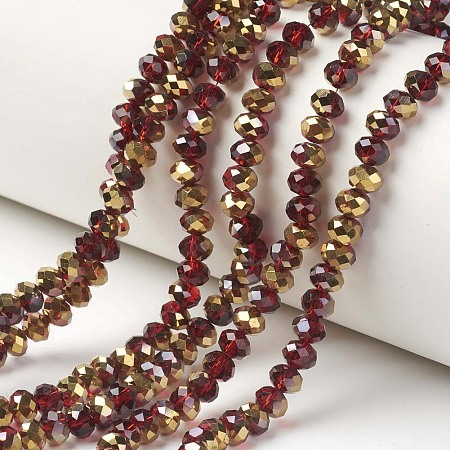 Honeyhandy Electroplate Transparent Glass Beads Strands, Half Golden Plated, Faceted, Rondelle, Dark Red, 4x3mm, Hole: 0.4mm, about 130pcs/strand, 16.54 inch(42cm)