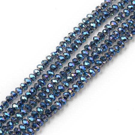 Electroplate Glass Beads Strands, Full Rainbow Plated, Faceted, Rondelle, Prussian Blue, 2~2.3x1.7~1.9mm, Hole: 0.3mm, about 208~214pcs/strand, 14.06~14.33''(35.7~36.4cm)