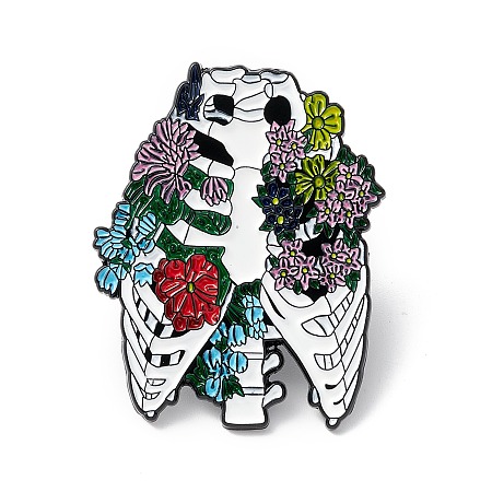 Honeyhandy Skeleton with Flower Enamel Pin, Halloween Alloy Brooch for Backpack Clothes, Electrophoresis Black, Colorful, 35.5x28.5x1mm
