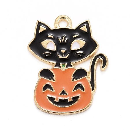 Honeyhandy Halloween Alloy Enamel Pandants, Light Gold, Pumpkin with Cat, Black, 24x19x1.5mm, Hole: 1.8mm