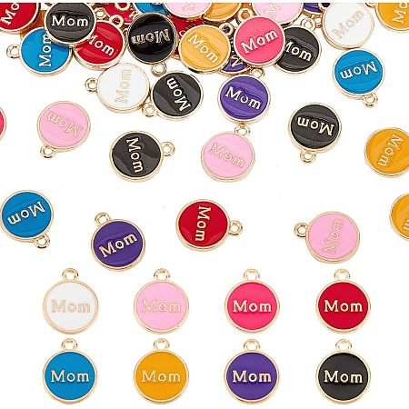 OLYCRAFT 80Pcs Alloy Mom Word Enamel Charms Gold Plated Oil Drip Enamel Charms Pendants Colorful Flat Round Enamel Charms for DIY Necklace Bracelet Jewelry Craft Making 8 Colors