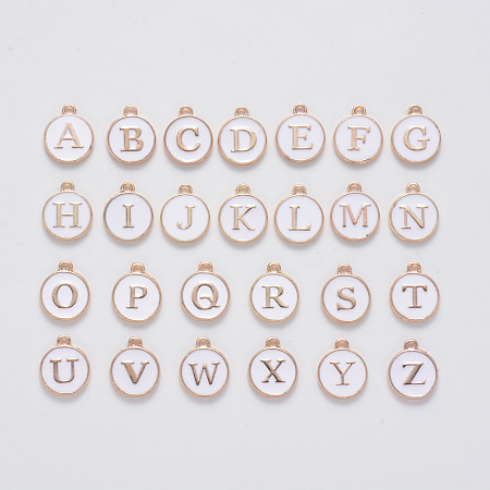 Golden Plated Alloy Enamel Charms, Enamelled Sequins, Flat Round with Alphabet, Letter A~Z, Turquoise, White, 14x12x2mm, Hole: 1.5mm; 26pcs/set