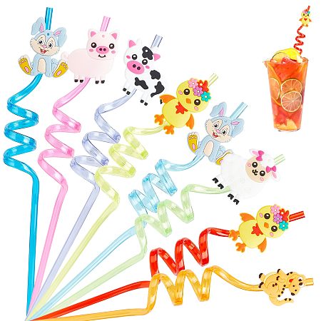 GORGECRAFT 8PCS Colorful Reusable Drinking Straws Farm Party Favors Party Decorations Animals Plastic Straws Safari Jungle Birthday Twisty Straws for Birthday Family Party Supplies