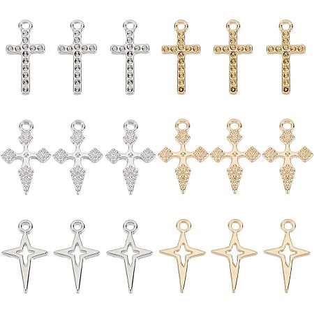 Arricraft 48 Pcs 6 Styles Cross Charms Pendants, Alloy Hollow Cross Charm Rhinestone Settings Cross Long Pendant for Easter Crafting Jewelry Making (Platinum & Light Gold)