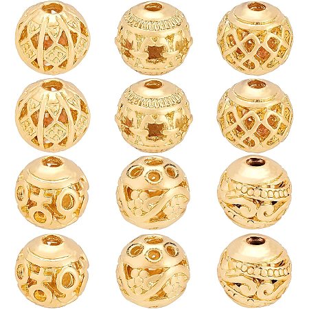 BENECREAT 36Pcs 6 Style 18K Gold Plated Round Loose Beads Hollow Alloy Spacer Beads for DIY Necklace Bracelet Jewelry Craft Making