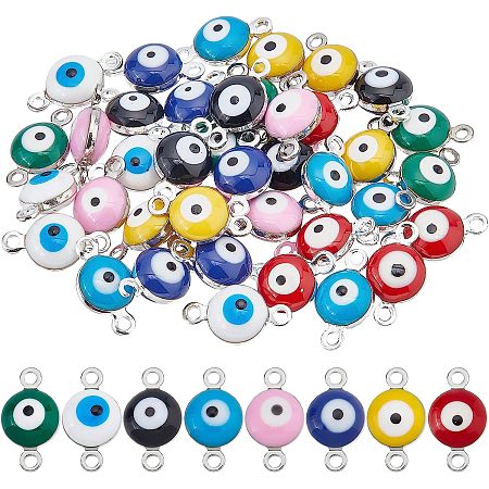 SUPERFINDINGS 48Pcs Round Evil Eye Charm Connector 8 Colors Enamel Eye Charms 12x6.5mm 925 Sterling Silver Plated Brass Evil Eye Links for DIY Jewelry Making Earring Necklace Bracelets, Hole: 1mm