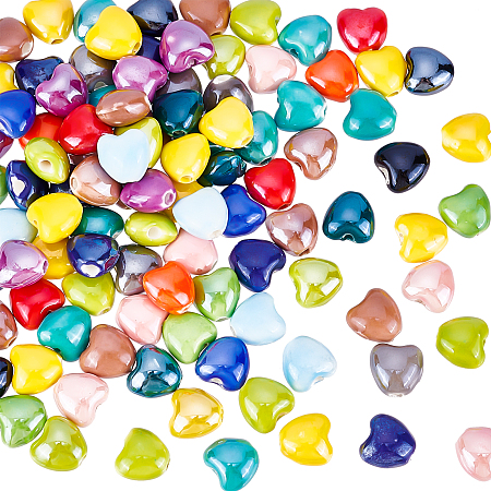 SUPERFINDINGS 100Pcs Pearlized Handmade Porcelain Beads, Heart, Mixed Color, 10x10x7mm, Hole: 1.8mm