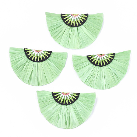 Raffia Decoration Accessories, with Cotton, Fan Shaped, Spring Green, 41~42x68~69x6mm
