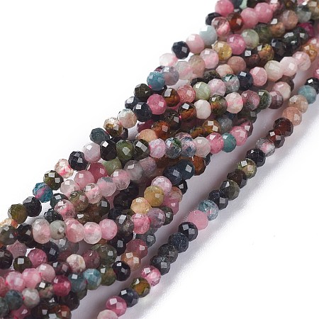 Honeyhandy Natural Tourmaline Beads Strands, Flat Round, Faceted, 3x2mm, Hole: 0.6mm, about 179pcs/strand, 15.55inch(39.5cm)