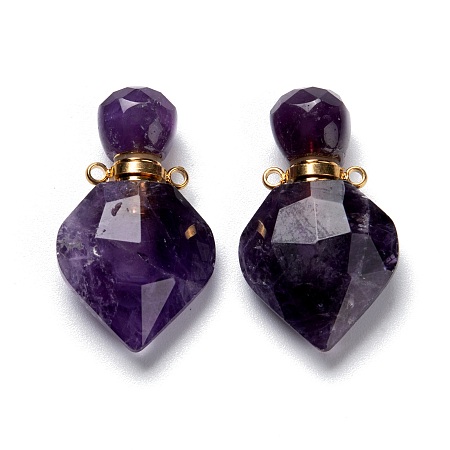 Honeyhandy Natural Amethyst Perfume Bottle Pendants, with Golden Brass Findings, Faceted, Rhombus, 27mm, Hole: 1.4mm