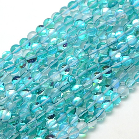 Synthetic Moonstone Beads Strands, Dyed, Holographic Beads, Half AB Color Plated, Round, Turquoise, 8mm, Hole: 1mm; about 49pcs/strand, 15 inches