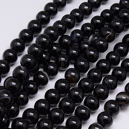 Honeyhandy Natural Striped Agate/Banded Agate Beads Strands, Dyed, Round, Black, 10mm, Hole: 1.2mm, about 38pcs/strand, 15.75 inch