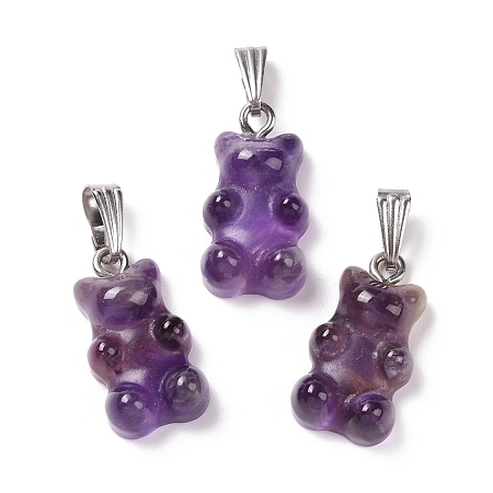 Honeyhandy Natural Amethyst Pendants, with Stainless Steel Color Tone 201 Stainless Steel Findings, Bear, 27.5mm, Hole: 2.5x7.5mm, Bear: 21x11x6.5mm