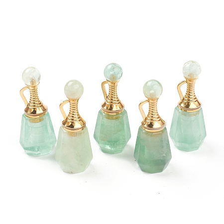 Honeyhandy Faceted Natural Fluorite Pendants, Openable Perfume Bottle, with Golden Tone Brass Findings, 41~43x16~17x15~16mm, Hole: 10mm, capacity: 1ml(0.03 fl. oz)