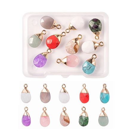 Arricraft 10Pcs/Box 10 Styles Mixed Gemstone Pendants, with Top Golden Plated Iron Loops, Teardrop, Faceted, 17~19x10x5mm, Hole: 1.8mm, 1pc/style
