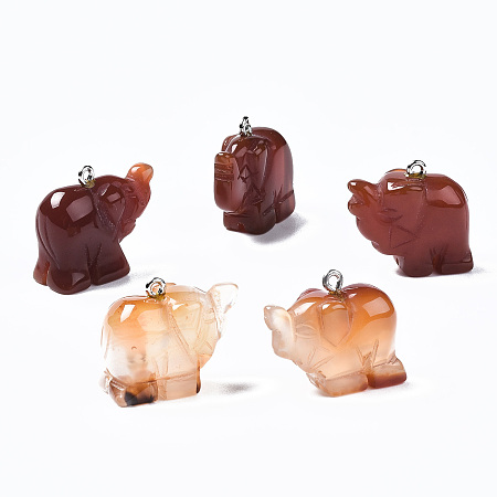 ARRICRAFT Natural Agate Pendants, with Brass Platinum Loop, Dyed, Elephant, Chocolate, 18x20x9mm, Hole: 1.2mm