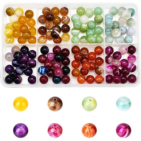 NBEADS 128 Pcs 8 Colors Natural Striped Agate Beads, 8mm Banded Agate Round Beads Genuine Stone Beads Loose Gemstone for Bracelet Necklace Earrings Jewelry Making