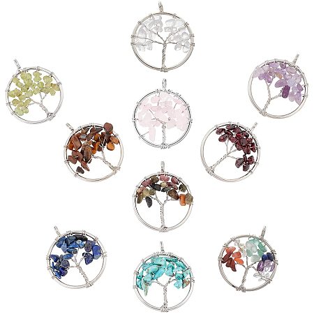SUNNYCLUE 10 Colors Tree of Life Charms Pendants Gemstone Crystal Stone Pendant Colorful Half Round Hollow Healing Chakra Charm for Balancing Yoga DIY Bracelets Jewelry Crafts Supplies