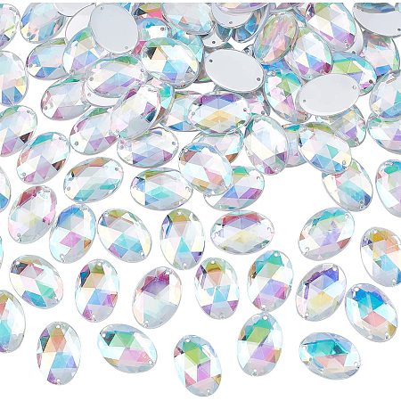 FINGERINSPIRE 100 Pcs 25x18mm Oval Acrylic Rhinestone Gems with Holes AB Color Acrylic Jewels Embelishments Crystals Flat Back Sew on Rhinestone for Costume Making DIY Sewing