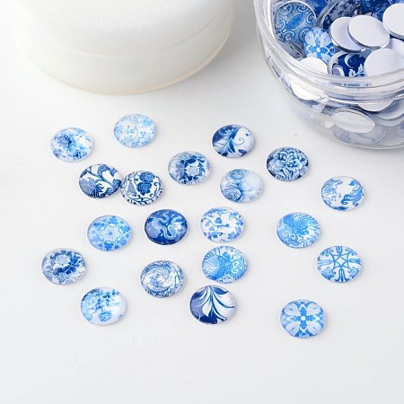 ARRICRAFT 1 Box(about 200pcs) 12mm Mixed Color Printed Half Round/Dome Glass Cabochons for Jewelry Making (Blue and White Floral)
