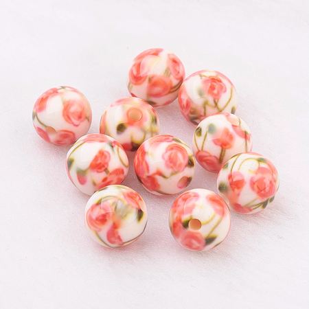 Honeyhandy Spray Painted Resin Beads, with Flower Pattern, Round, Coral, 10mm, Hole: 2mm