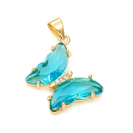 Honeyhandy Glass Pendants, with Brass Clear Micro Pave Cubic Zirconia, Butterfly, Golden, Deep Sky Blue, 24x21x4mm, Hole: 5.5x3.5mm