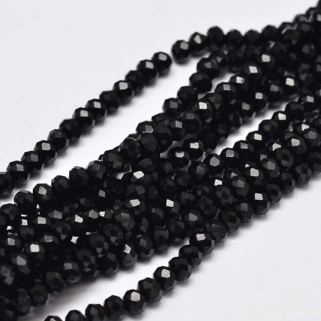 Honeyhandy Faceted Rondelle Glass Beads Strands, Black, 3.5x2.5~3mm, Hole: 0.8mm, about 125~128pcs/strand, 13.7~14.1 inch(35~36cm)