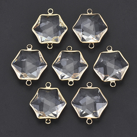 Honeyhandy Glass Links Connectors, with Light Gold Plated Brass Edge, Faceted, Hexagon, Clear, 25~26x21x8mm, Hole: 2mm