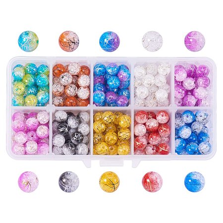 NBEADS A Box of 250pcs Assorted Colors Draw bench Crackle Quartz Glass Beads, 8mm Round Split Tiny Glass Loose Beads for Jewelry Making and Craft