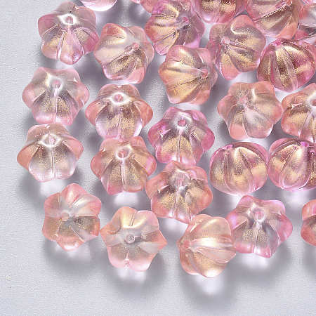 Arricraft Transparent Spray Painted Glass Beads, with Glitter Powder, Flower, Pink, 10.5x9.5x8mm, Hole: 1mm