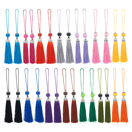 PandaHall Elite 28Pcs 14 Colors Polyester Tassel Big Pendants Decorations, with Acrylic Beaded and Platinum Alloy Findings, Mixed Color, 188mm, 2pcs/color