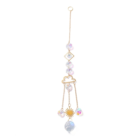 Honeyhandy Hanging Crystal Aurora Wind Chimes, with Prismatic Pendant and Cloud-shaped Iron Link, for Home Window Chandelier Decoration, Golden, 295mm