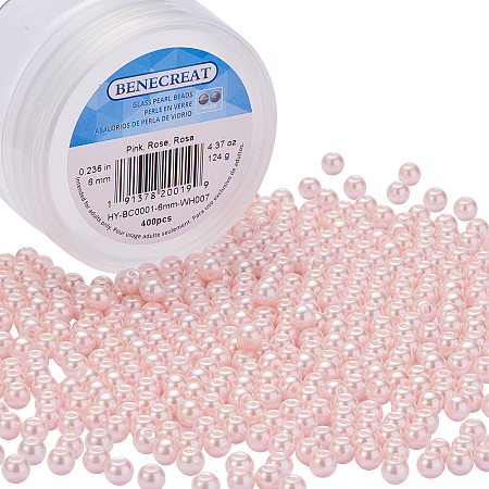 BENECREAT 400 Piece 6 mm Environmental Dyed Pearlize Glass Pearl Round Bead for Jewelry Making with Bead Container, Pink