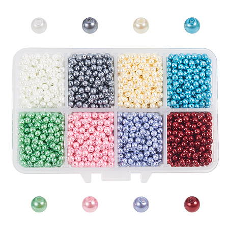 PandaHall Elite About 4000 Pcs 3~3.5mm Tiny Satin Luster Glass Pearl Bead Round Loose Beads 8 Colors for Jewelry Making