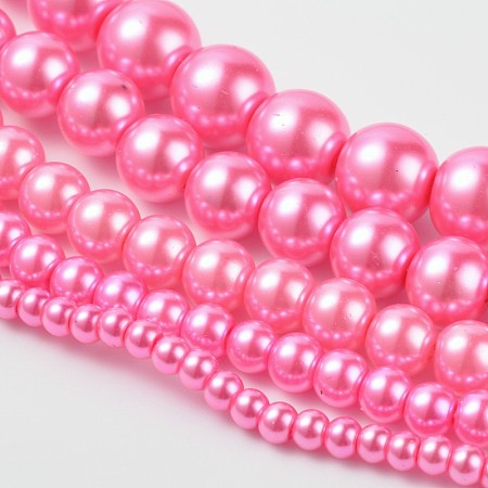Honeyhandy Dyed Glass Pearl Round Beads Strands, Hot Pink, 4mm/6mm/8mm/10mm/12mm, Hole: 1mm, about 70~216pcs/strand