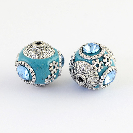 Honeyhandy Handmade Indonesia Round Beads, with Glass Cabochons and Antique Silver Metal Color Double Alloy Cores, Dark Turquoise, 14~15x15~16mm, Hole: 2mm