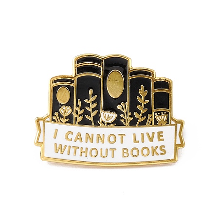 Honeyhandy Leaf Book with  Word I Cannot Live without Books Enamel Pin, Golden Brass Brooch for Backpack Clothes, Black, 22x28.5x2mm, Pin: 1.2mm.