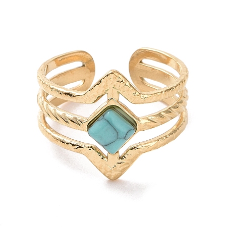 Honeyhandy Synthetic Turquoise Rhombus Open Cuff Ring, Titanium Steel Jewelry for Women, Golden, Inner Diameter: 19mm