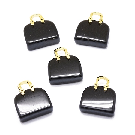 Honeyhandy Natural Obsidian Brass Pendants, Golden, Bag, 27~29x24~26x9~13mm, Hole: 6mm