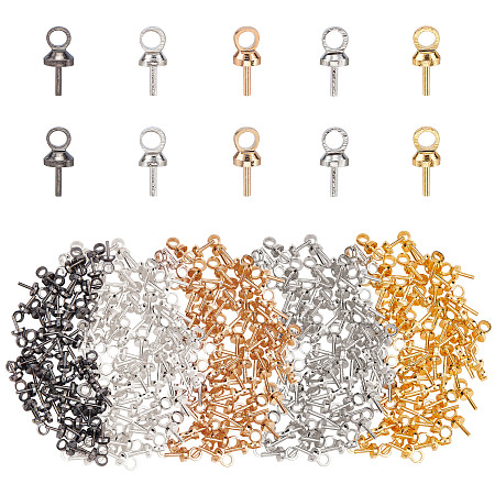 SUPERFINDINGS 300Pcs 5 Colors Brass Cup Peg Bails Pendants 7x3mm Brass Cup Pearl Eye Pin Bail Peg Pendants Eye Pin Bail Caps for Half Drilled Beads Jewelry Making, Hole: 1.5mm