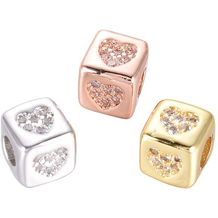 NBEADS 10 Pcs 6mm Brass Micro Pave Cubic Zirconia Beads with Heart Pattern, Mixed Color Cube Rhinestone Spacer Beads Loose Connector Charm Beads with 3mm Hole for DIY Jewelry Making
