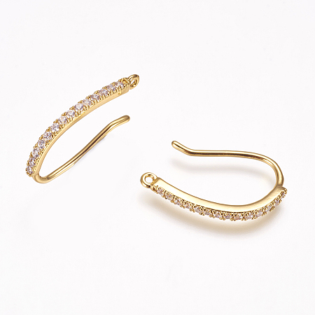 Brass Cubic Zirconia Earring Hooks, Real 18K Gold Plated, 21x2x2mm, Hole: 1mm; Pin: 0.7mm