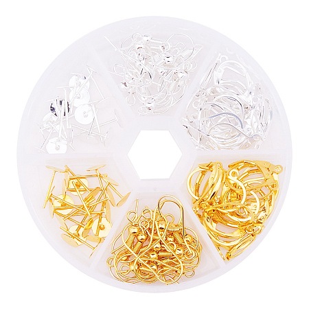 PandaHall Elite Brass Earring Setting Sets with Lever Back Hoop Earrings, Earring Hooks and Ear Stud Components, about 120pcs/box