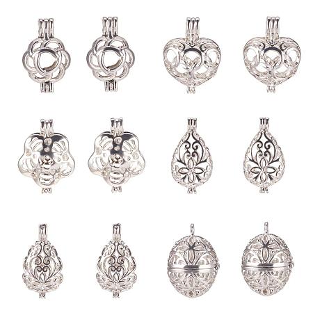 PandaHall Elite 12pcs 6 Shapes Platinum Hollow Brass Bead Cages Pendant Aromatherapy Essential Oil Diffuser Locket Cage Charms for DIY Bracelet Necklace Earrings Jewelry Making