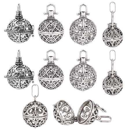 SUNNYCLUE 10Pcs 5 Styles Cage Charms Brass Locket Charms Stone Holder Necklace Silver Hollow Spiral Bead Cages Round Chime Ball Charms for Jewelry Making Charms Women Adults DIY Necklaces Crafts