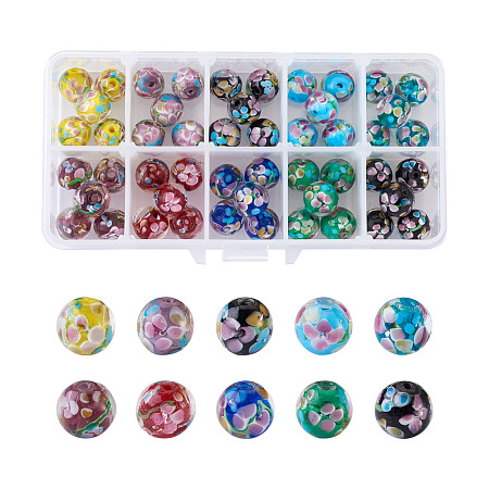 Handmade Lampwork Beads Strands, Inner Flower, Round, Mixed Color, 11.5x10.5mm, Hole: 1.4mm, 50pcs/box