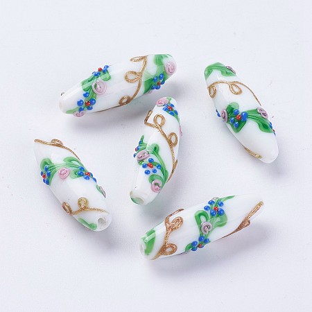 Handmade Lampwork Beads, Rice wit Flower, White, 42~44x11~13mm, Hole: 2mm