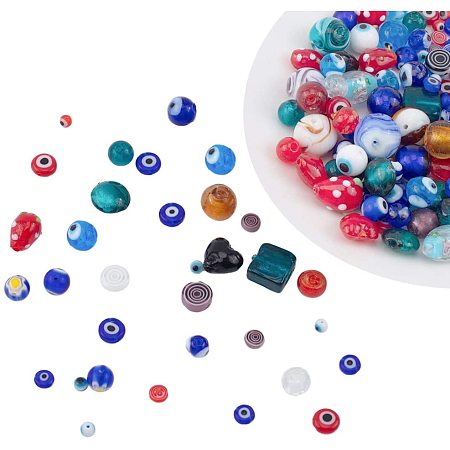 NBEADS 130g Mixed Shape Handmade Lampwork Beads, 30 Random Mixed Kinds of Mixed Color Evil Eye Charm Beads Round Lampwork Loose Beads for DIY Handcraft Accessories Jewelry Making