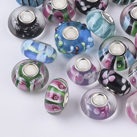 Arricraft Alloy European Beads, with Rhinestone Beads, Rondelle, Silver Metal Color, Mixed Color, 11x5.5mm, Hole: 5mm