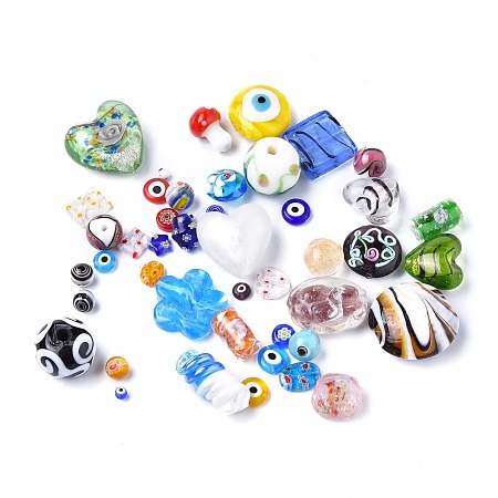 ARRICRAFT Handmade Evil Eye/Gold Sand Lampwork Beads, Mixed Shapes, Mixed Color, 4~28x4~29x3.5~20mm, Hole: 0.8~4mm